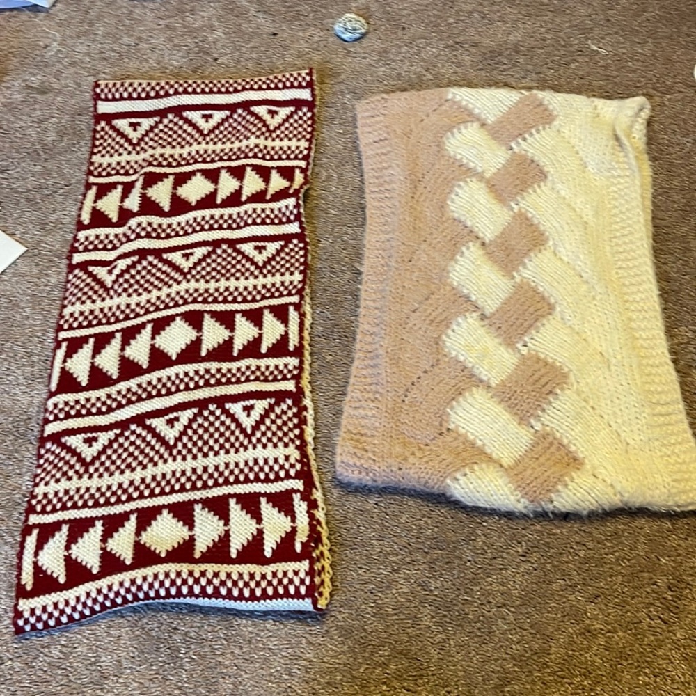 2 infinity wide knitted scarfs soft - red cream and pink cream - like new